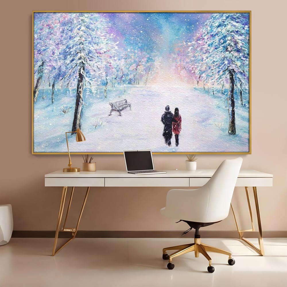 Tablou canvas cu tablou pictura cuplu pe zapada, in rama de aluminiu auriu, pe perete intr-un birou